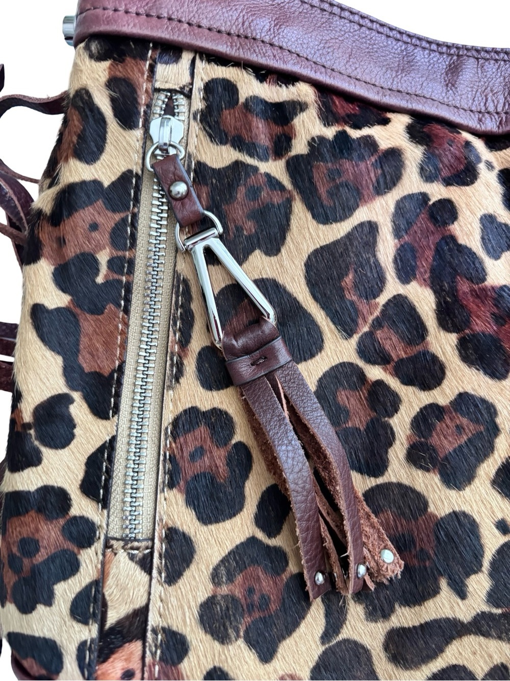 b. makowsky chocolate brown and Tan Leopard Fringe Shoulder Bag - Picture 7 of 13